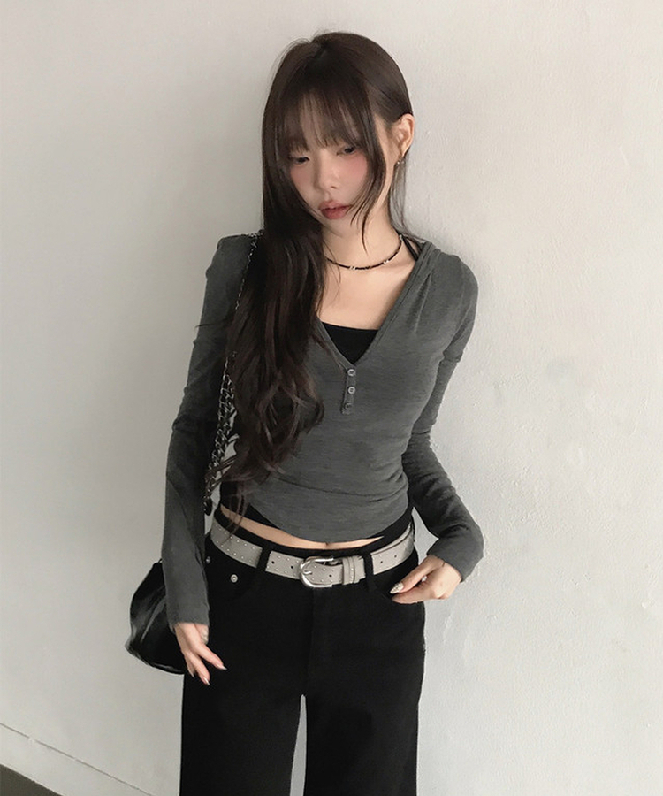 レイヤードボタンスリム長袖フードＴ CHARCOAL