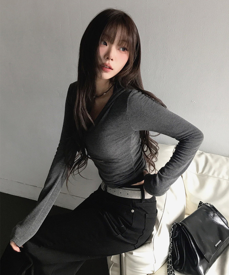 レイヤードボタンスリム長袖フードＴ CHARCOAL