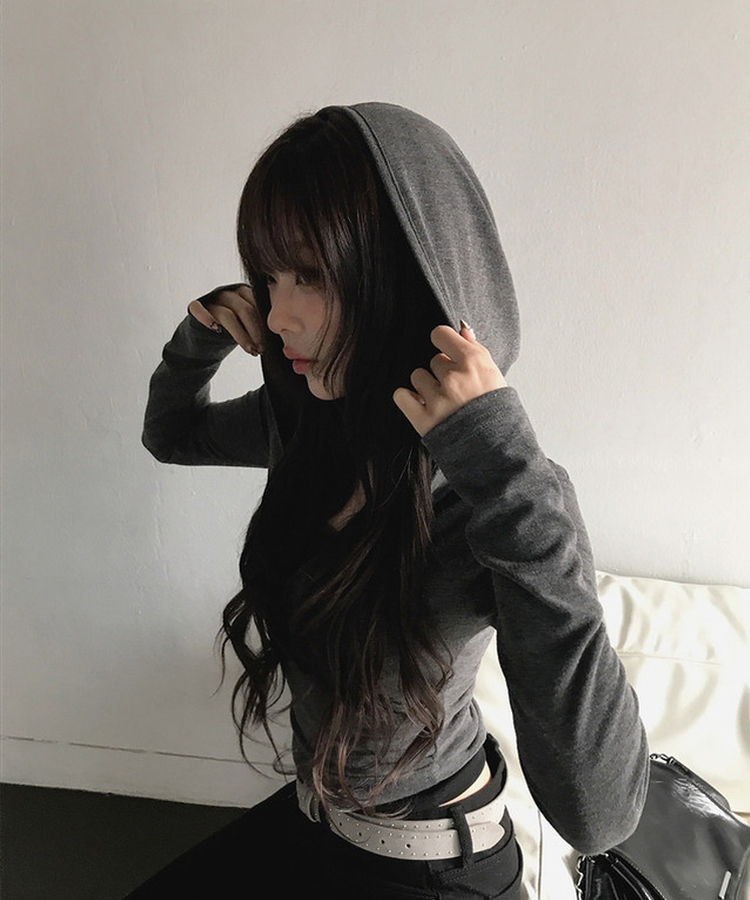 レイヤードボタンスリム長袖フードＴ CHARCOAL