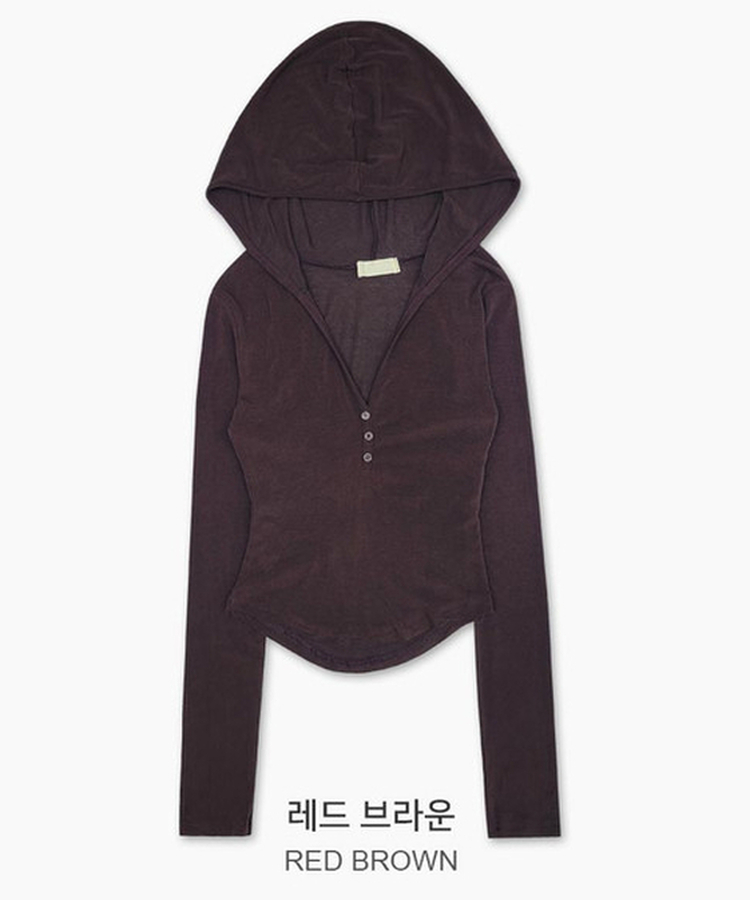 レイヤードボタンスリム長袖フードＴ