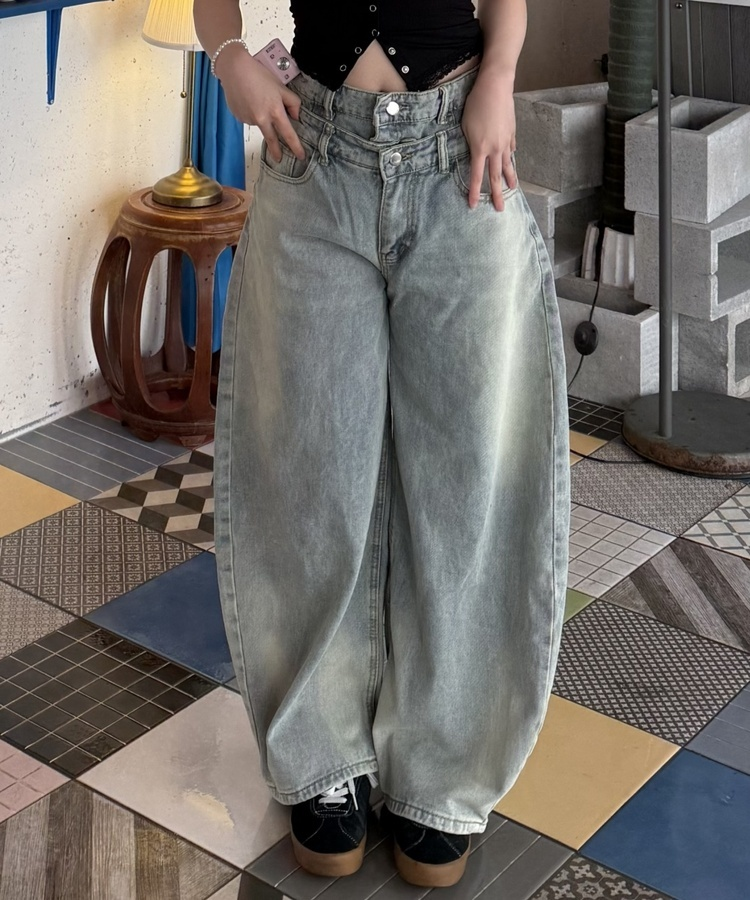 더블 오비 데님팬츠 연청