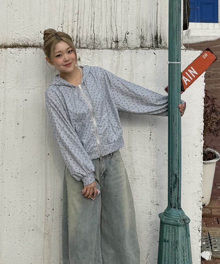 【SET】플라워 패턴 집업 + 스웻 팬츠 그레이