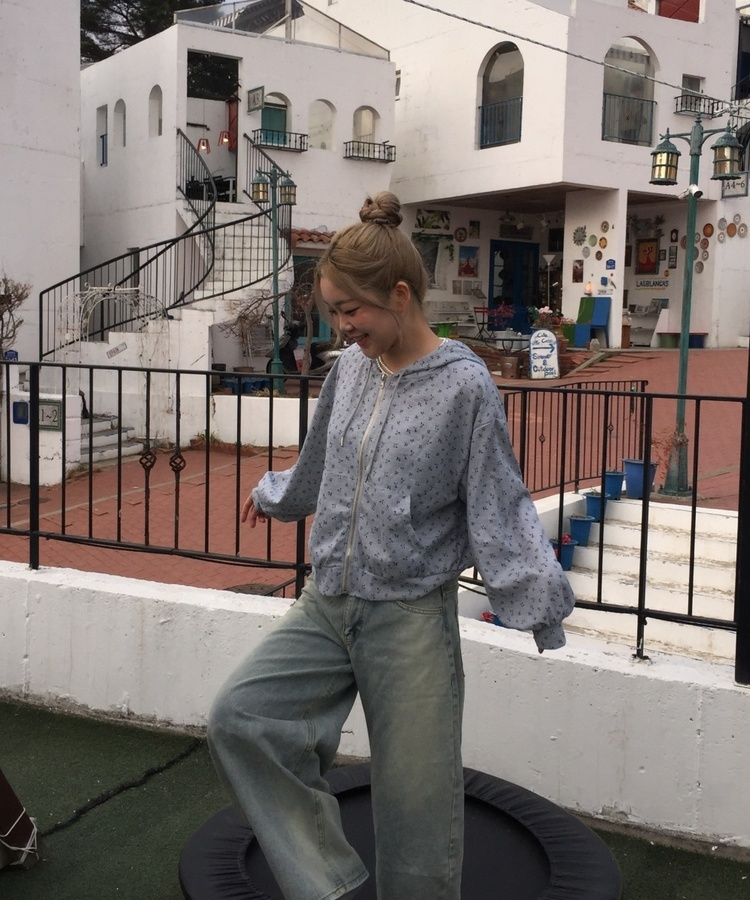 【SET】플라워 패턴 집업 + 스웻 팬츠 그레이