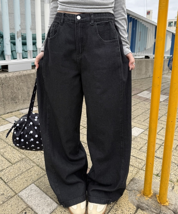 【기장별/완벽비율】사이드 핀턱 와이드 데님 팬츠 블랙