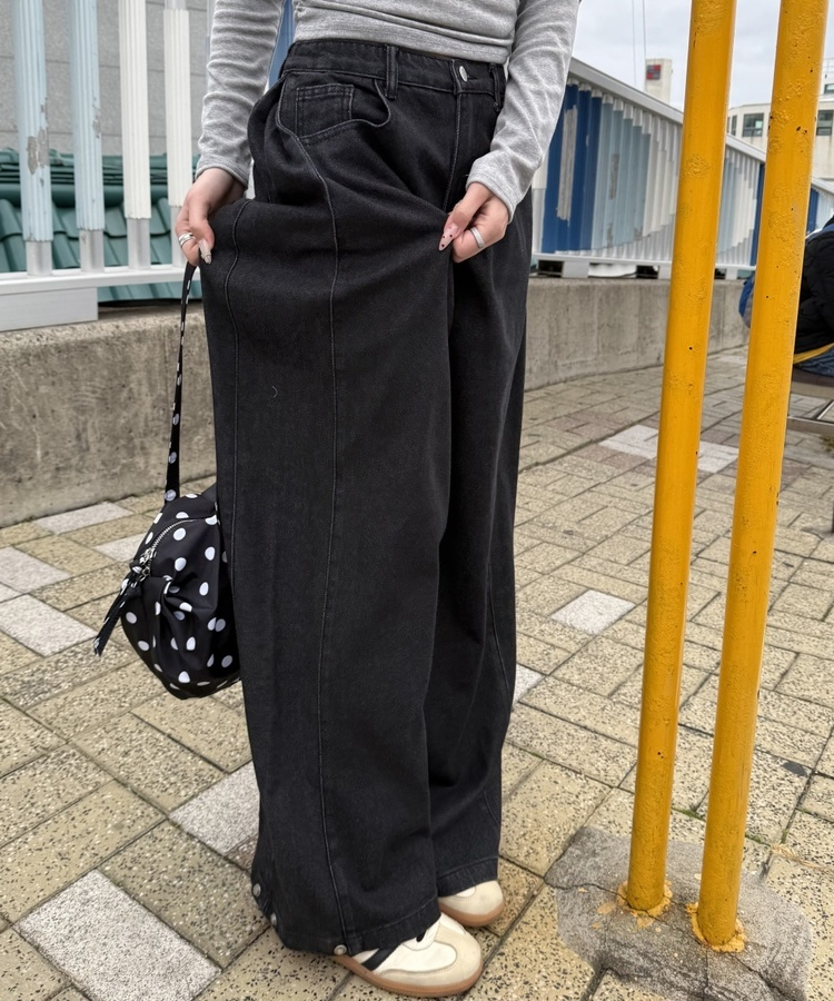 【기장별/완벽비율】사이드 핀턱 와이드 데님 팬츠 블랙