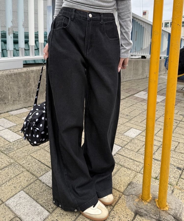 【기장별/완벽비율】사이드 핀턱 와이드 데님 팬츠 블랙