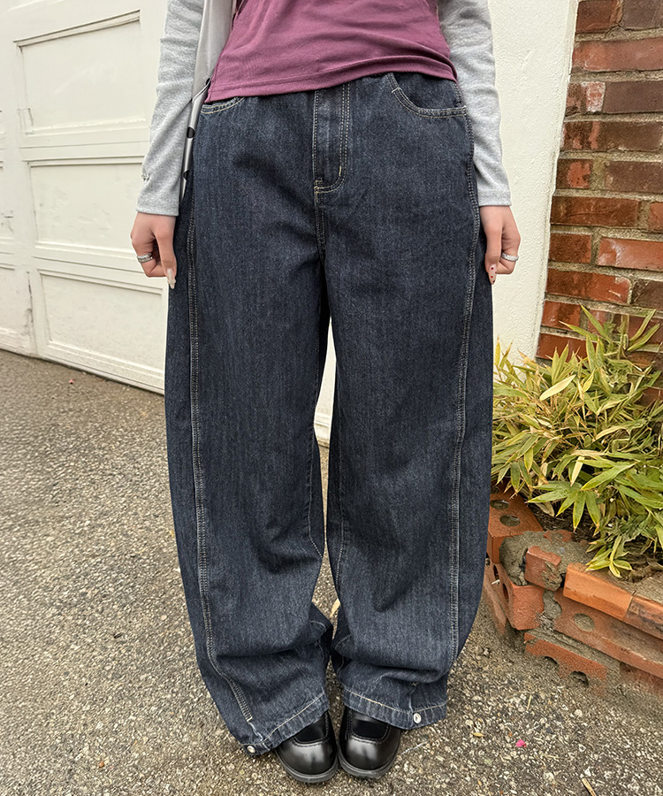 【BEST/벌룬핏2탄!】사이드 절개 비조 와이드 데님 팬츠 중청