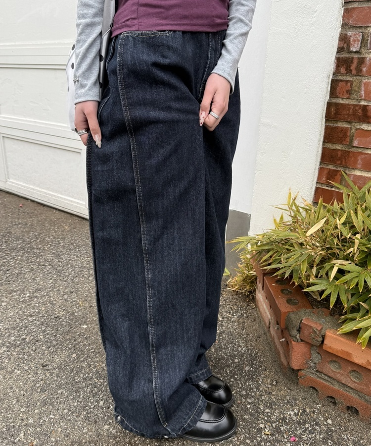 【BEST/벌룬핏2탄!】사이드 절개 비조 와이드 데님 팬츠 중청