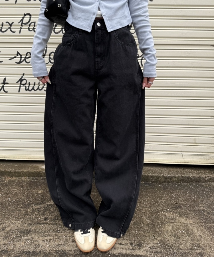 【BEST/벌룬핏2탄!】사이드 절개 비조 와이드 데님 팬츠 블랙