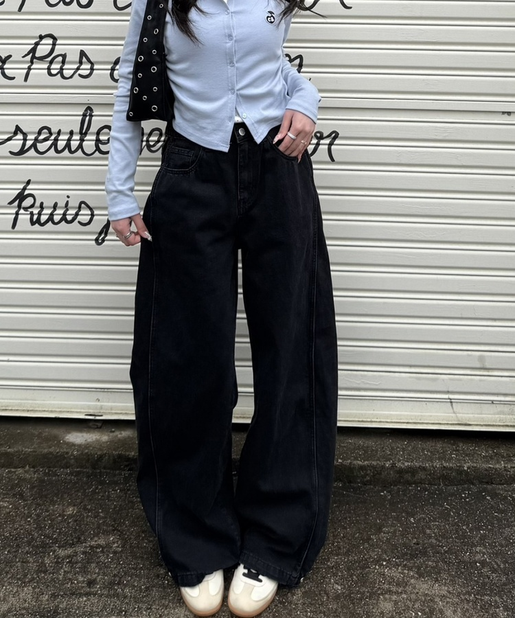 【BEST/벌룬핏2탄!】사이드 절개 비조 와이드 데님 팬츠 블랙