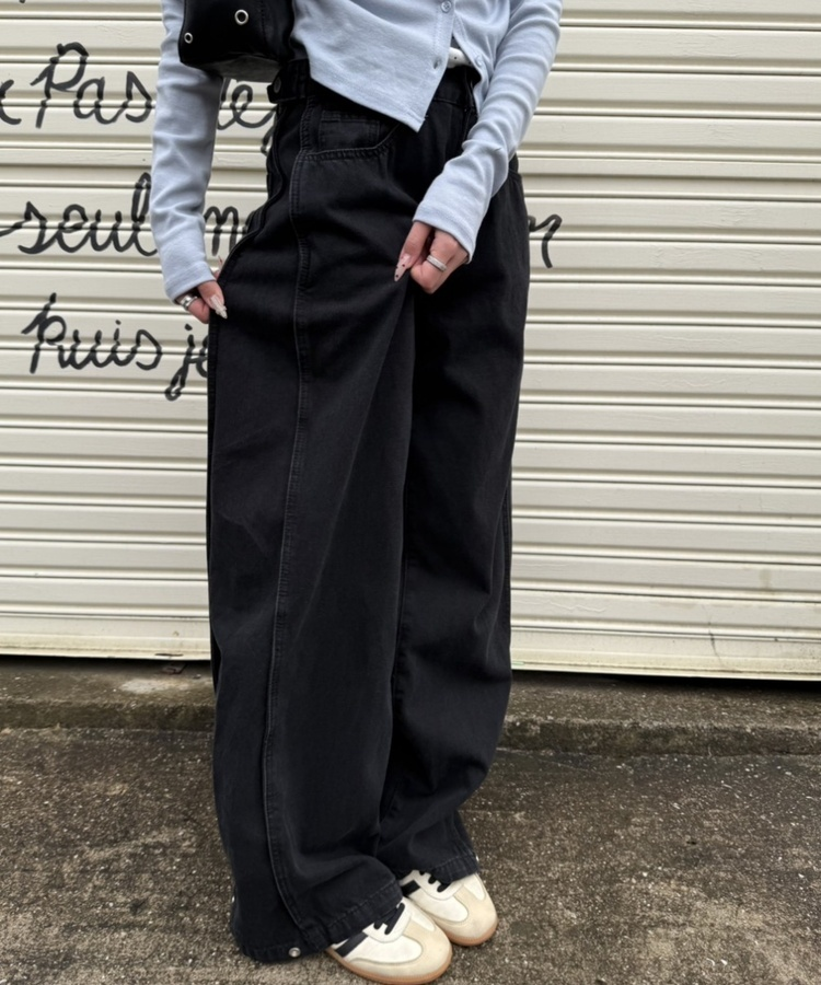 【BEST/벌룬핏2탄!】사이드 절개 비조 와이드 데님 팬츠 블랙