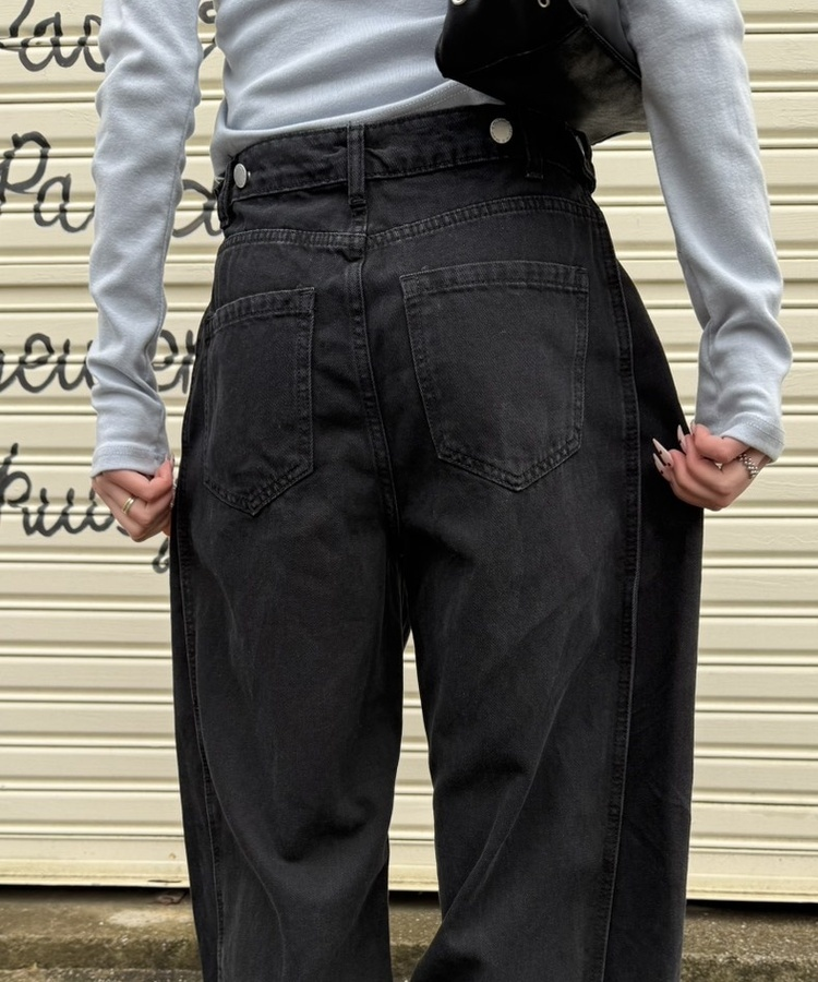 【BEST/벌룬핏2탄!】사이드 절개 비조 와이드 데님 팬츠 블랙