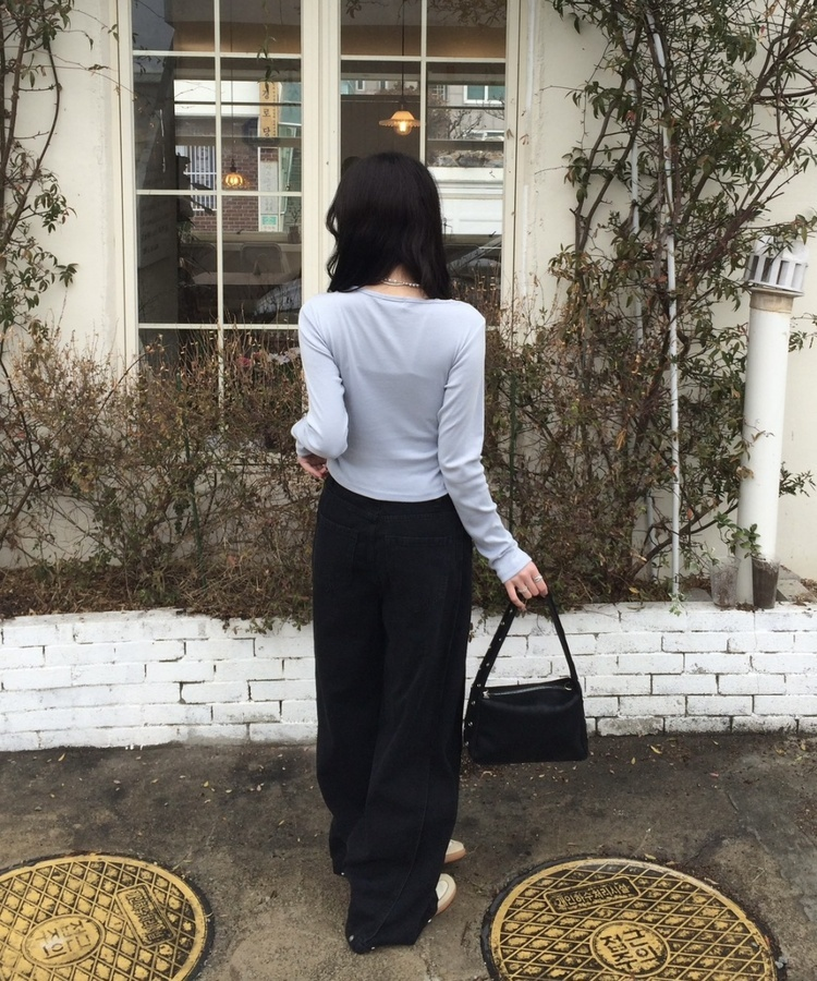 【BEST/벌룬핏2탄!】사이드 절개 비조 와이드 데님 팬츠 블랙