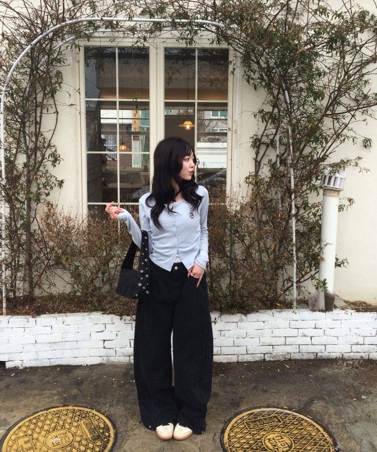 【BEST/벌룬핏2탄!】사이드 절개 비조 와이드 데님 팬츠 블랙