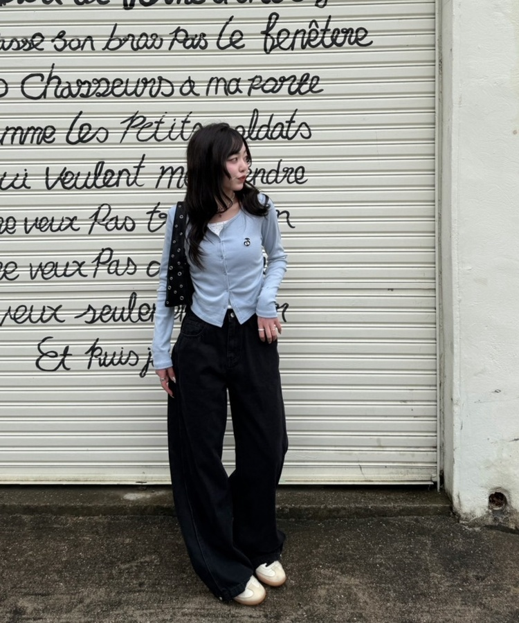 【BEST/벌룬핏2탄!】사이드 절개 비조 와이드 데님 팬츠 블랙