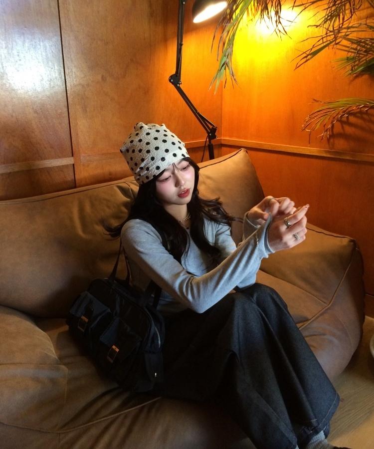 도트 패턴 비니 아이보리