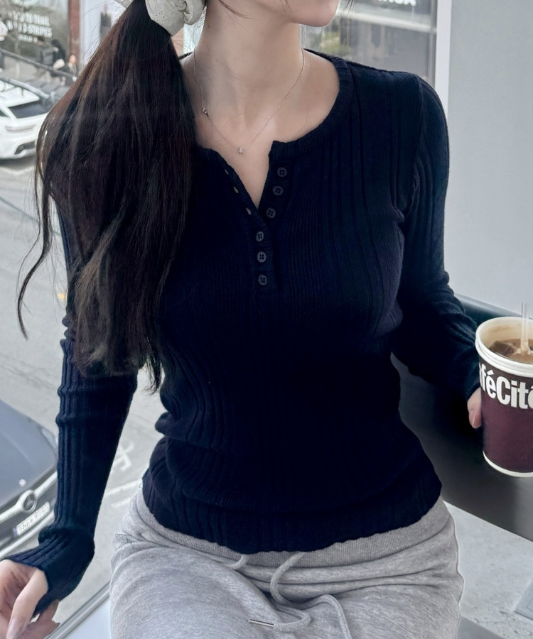 골지 헨리넥 니트 네이비