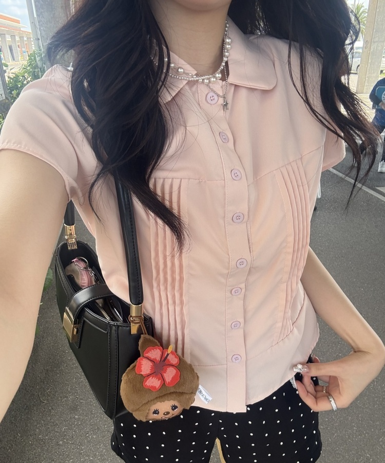 ギャザースリム半袖シャツ PINK