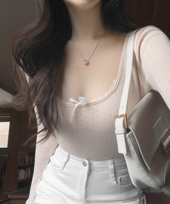 レースリボンパンチングTシャツ PINK