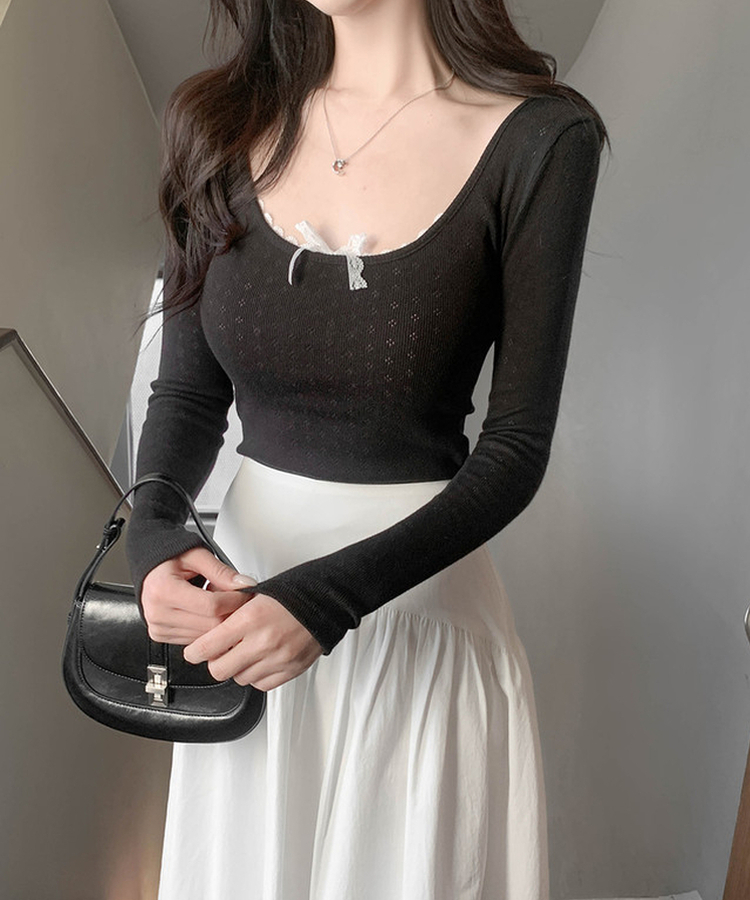 レースリボンパンチングTシャツ BLACK