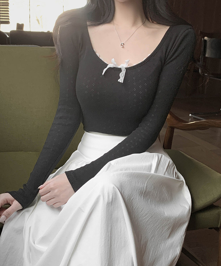 レースリボンパンチングTシャツ BLACK