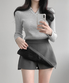 Vネックリブニット GREY