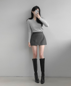 Vネックリブニット GREY