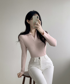 Vネックリブニット PINK