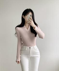 Vネックリブニット PINK