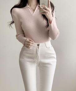 Vネックリブニット PINK