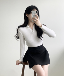 Vネックリブニット IVORY