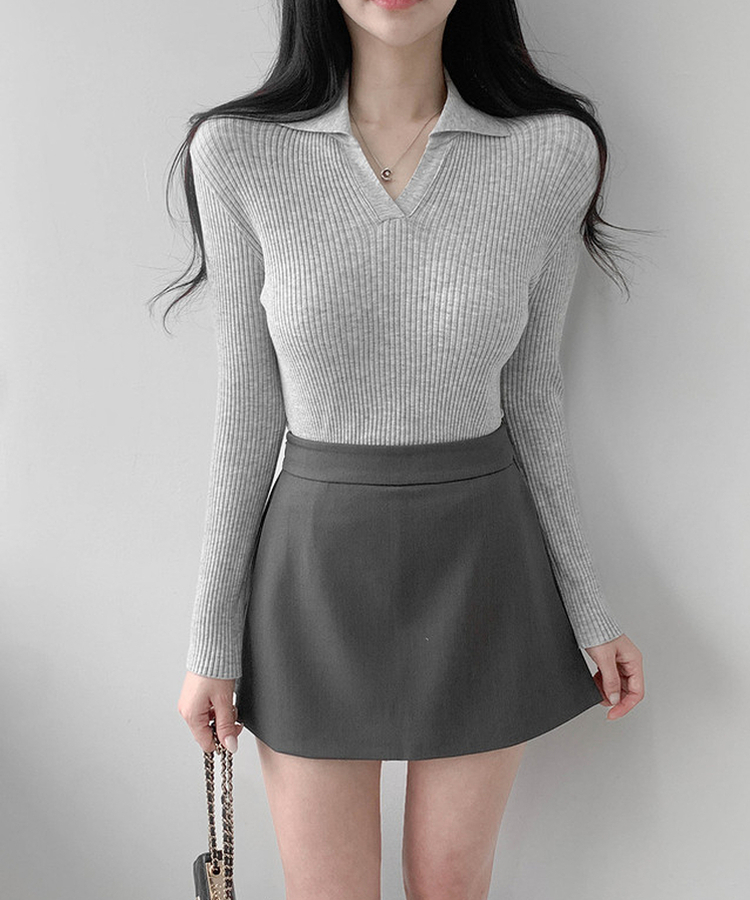 Vネックリブニット GREY