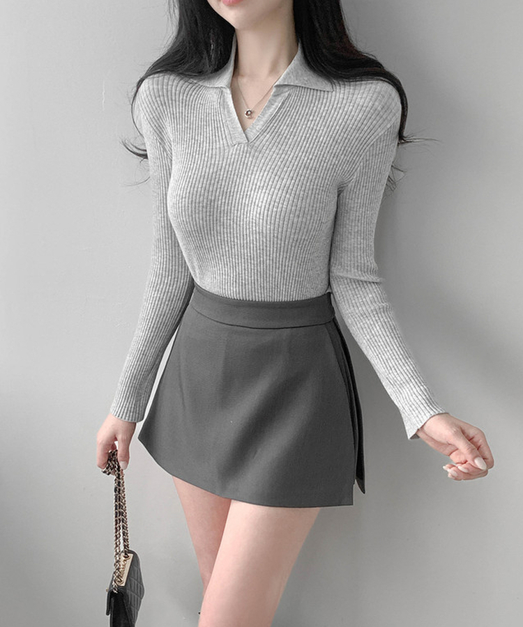 Vネックリブニット GREY