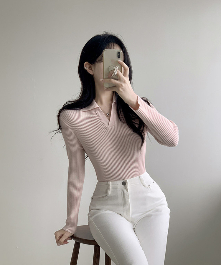 Vネックリブニット PINK