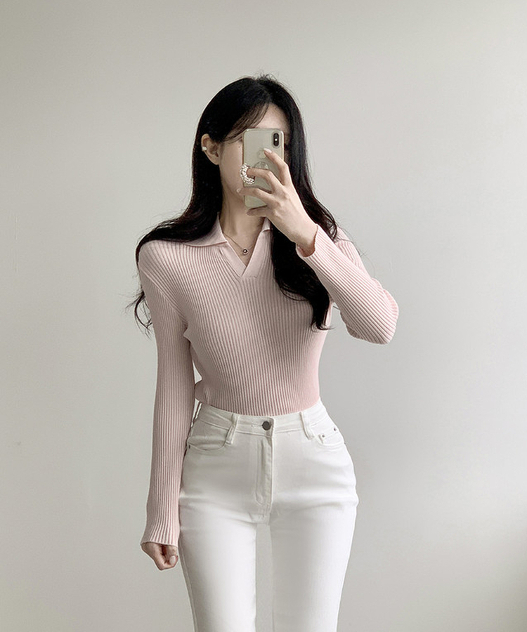 Vネックリブニット PINK