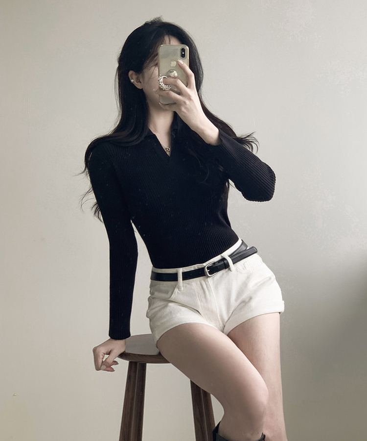 Vネックリブニット BLACK