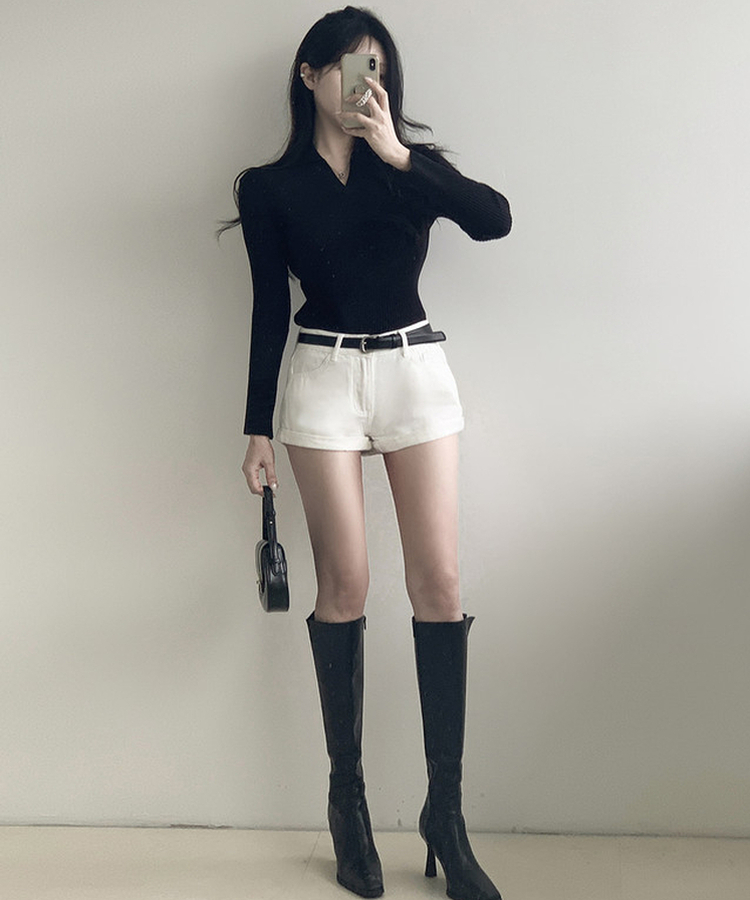 Vネックリブニット BLACK