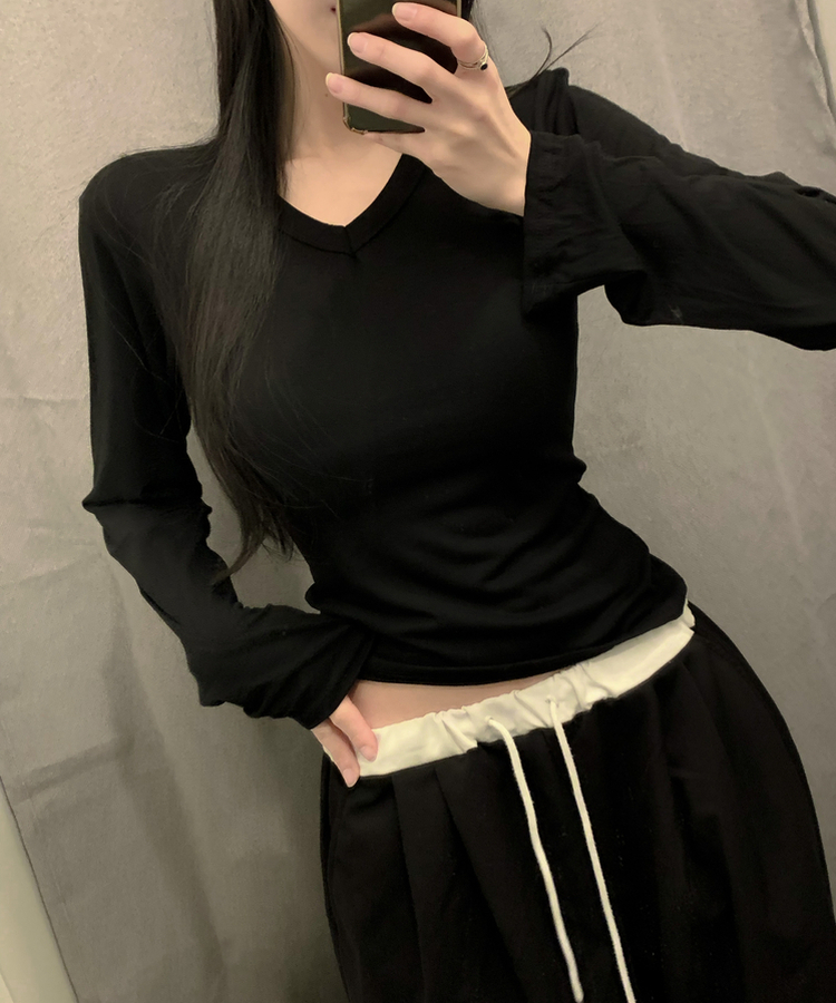 Vネック長袖TシャツS(6color) BLACK