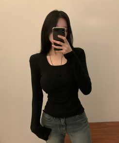 スクエアネックロングスリーブTシャツ(5color) BLACK