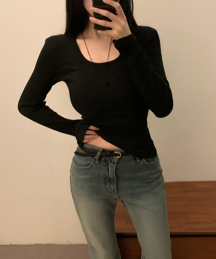 スクエアネックロングスリーブTシャツ(5color) BLACK