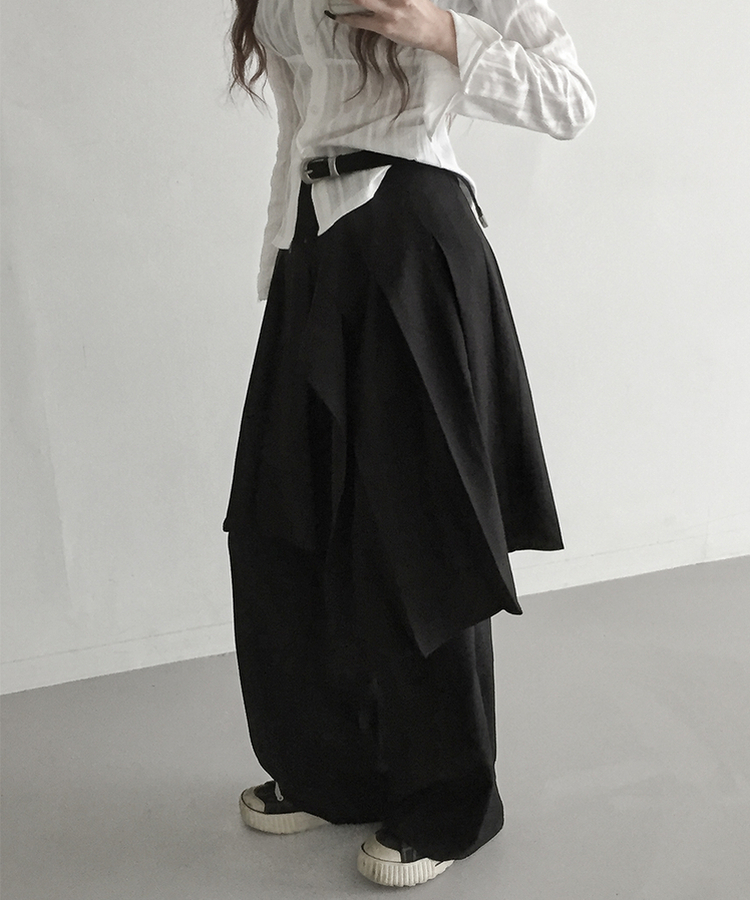 ラップアンバランスプリーツスカート BLACK