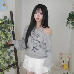 빈티지 레터링 아일렛포인트 어깨트임 힙 유니크 크롭맨투맨 긴팔 티셔츠 메란지