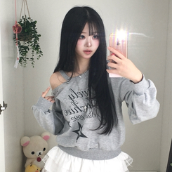 빈티지 레터링 아일렛포인트 어깨트임 힙 유니크 크롭맨투맨 긴팔 티셔츠 메란지