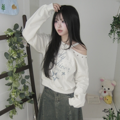 빈티지 레터링 아일렛포인트 어깨트임 힙 유니크 크롭맨투맨 긴팔 티셔츠 밀크