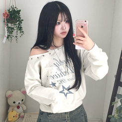 빈티지 레터링 아일렛포인트 어깨트임 힙 유니크 크롭맨투맨 긴팔 티셔츠 밀크