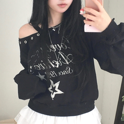 빈티지 레터링 아일렛포인트 어깨트임 힙 유니크 크롭맨투맨 긴팔 티셔츠 블랙