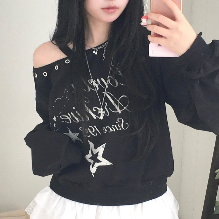 빈티지 레터링 아일렛포인트 어깨트임 힙 유니크 크롭맨투맨 긴팔 티셔츠 블랙