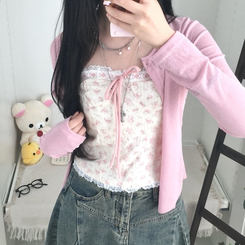 【SET】フラワーリボンキャミソール＋カーディガン PINK