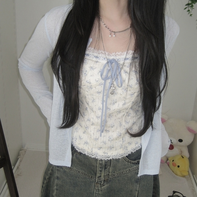 【SET】フラワーリボンキャミソール＋カーディガン SKY BLUE