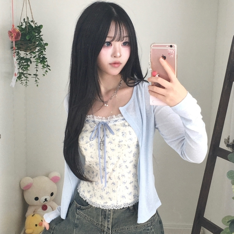 【SET】フラワーリボンキャミソール＋カーディガン SKY BLUE